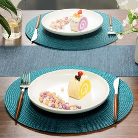 FunWheat Round Braided Placemats Set of 4 Place Mats for Dining Tables Woven Washable Non-Slip Table mats Small 13 inch(S Teal, 4pcs)