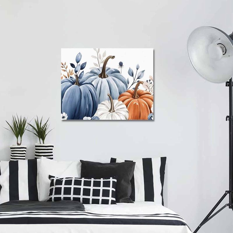 Fall Canvas Wall Art - Thanksgiving Blue Leaves Pumpkin White