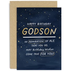 Old English Co. Heartfelt Birthday Card for Godson - Male Birthday Card for Him - Special Sentimental Keepsake Birthday Card for Godson - Navy Blue Sky Gold Foil Stars | Blank Inside
