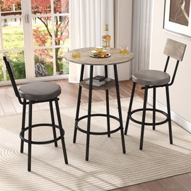 Zevemomo 3 Pieces Round Bar Table and Chairs Set, Small Dining Table for 2, Kitchen Bar Table, Breakfast Table with Storage, 2 Thickened Cushion Stools with Backrest for Dining Room & Bistro-Grey