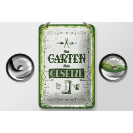 Femer Blechschild Spruch 12x18 cm Mein Garten meine Gesetze Deko Schild