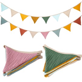 Kisvic Bunting Fabric, Bunting Children's Room, Cotton Garland Nursery Decoration for Hanging, Wall Decoration Gift, Baby Room Decoration, Girls and Boys (Beige + Green)