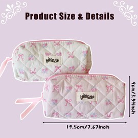 2 Pcs Pink Bow Makeup Pencil Bag,Capacity Cotton Cosmetic Bags,Cotton Cute Travel Skincare Bag Travelling Simple Wash Bag Cosmetics with Zipper for Women Ladies Girls