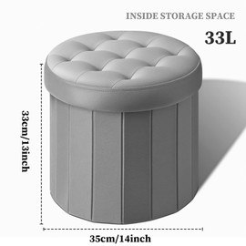Bsketa® Folding Storage Ottoman Round 14" x 14" x 13"Inch Foot Stool with Thicker Foam Padded Seat Small Velvet Storage Ottoman Bench Foot Rest for Living Room Foldable Coffee Table(Grey)
