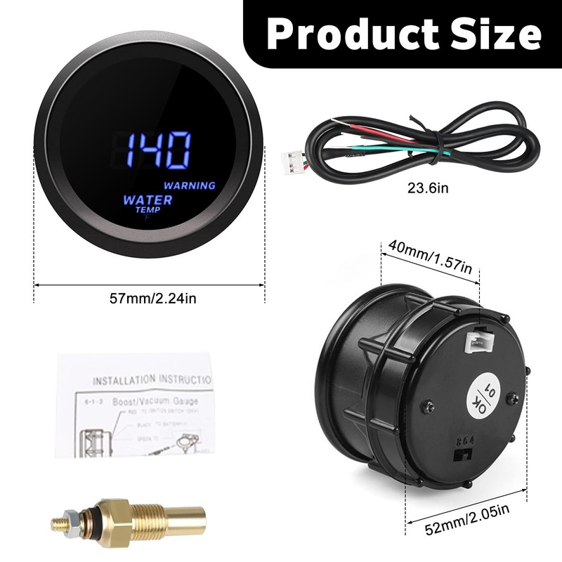 2'' 52mm Water Temperature Gauge, Car Digital Blue Led Water