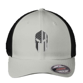 Embroidered Thin Silver Line Spartan Subdued American Flag Corrections Officer Flexfit Flex Fit Baseball Trucker Hat (L/XL, Silver - Black)