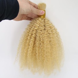 ZigZag Hair Afro Kinkys Bulk Human Hair Blonde Afro Kinky Curly Human Braiding Hair Bulk 100gram Bulk Human Hair for Braiding (14 Inch, Blonde)