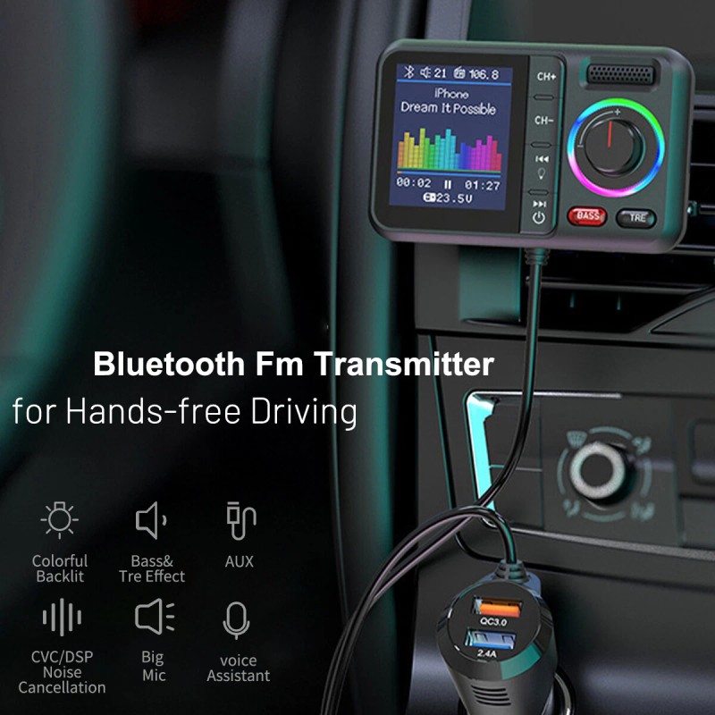 Universal Bluetooth 5.0 Car Wireless FM Transmitter Adapter 2USB PD