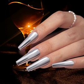 Yivaiks Silver Mirror Press on Nails Square Metallic Punk Rhinestones Acrylic Nails Press On Fake Nails with Glue on Mirror Nails Manicure Set For Women 24 PCS