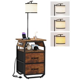 runjuly Floor Lamp with Table, End Tables with Lamps Attached 3-Color Temperature Bulb, Side Table with Lamp with 2 Drawers & Charging, Lamps Tables Combo for Bedroom, Dorm, Apartment - Rustic Brown