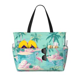 REVENEVER Beach Tote Bag for Women Foldable Waterproof and Sandproof Tote Bag with Zipper Palm Trees and Flamingos Print Beach Bag Large Travel Bag