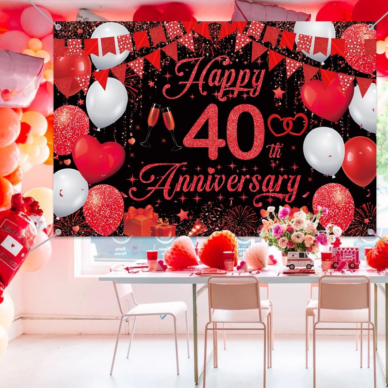 40th Wedding Anniversary Banner Backdrop - Black Red Happy 40th