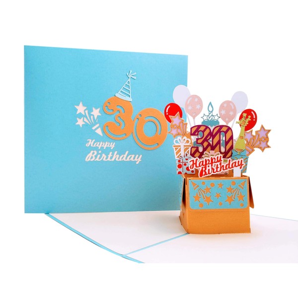 iGifts And Cards Happy 30th Blue Birthday Party Box 3D Pop Up Greeting Card - Awesome, Cute, Congrats, Unique, Celebration, Feliz Cumpleaños, Balloons