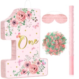 Pink Floral Pinata Number 1 Pinata Set with Blindfold, Bat and Filler for Floral Theme Gender Reveal Baby Shower Kids First Birthday Party Supplies