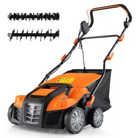 Costway 16"Electric Dethatcher and Scarifier Walk-behind Weeder Folding w/Collection Bag