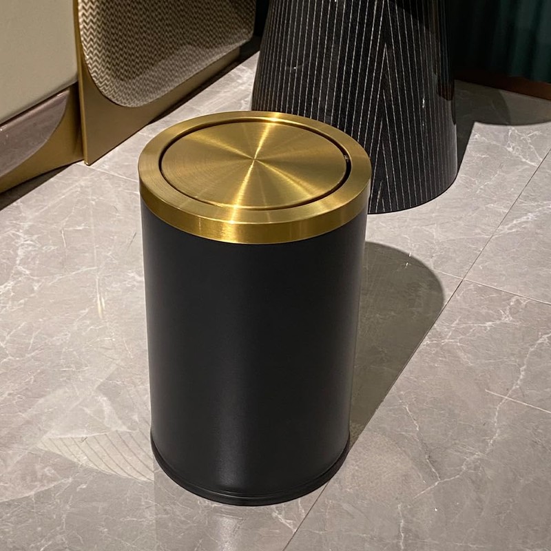 LEASYLIFE 9L/2.4GAL Black Bathroom Trash Can,Gold Small Trash Can with