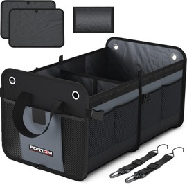 FORTEM SUV Trunk Organizer, Car Organizer, Collapsible Multi-Compartment Storage Bag for Car Accessories for Women Men, Non Slip Bottom, Adjustable Straps, Foldable Cover 50L (Standard, Grey)