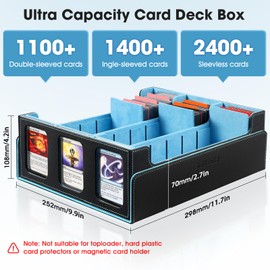 Trading Card Storage Box for Commander - 2400+ Card Deck Box with Removable Cover, 24 Colorful Divider Tabs, Card Storage Box with Viewing Windows Fits for Magic Game (Black&Wathet)