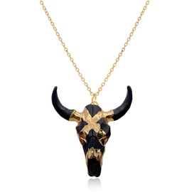 QLYOVWE Bull Head Skull Pendant Necklace for Men Women Vintage Gothic Bull Skull Head Necklace Hip Hop Charm White Bull Necklace Retro Tribe Jewelry (Black)