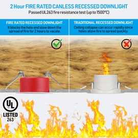 TORCHSTAR 4 Inch 5CCT 2 Hour Fire Rated LED Recessed Lights, UL263 Listed, 2700K/3000K/3500K/4000K/5000K, Baffle Recessed Lighting with J-Box, CRI90, Dimmable Canless Downlight, ETL & ES & T24