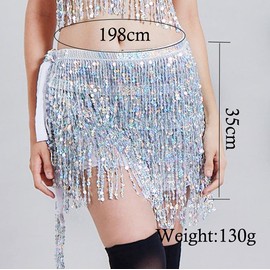 Grestal Falda de danza del vientre para mujer, con borla, bufanda, cinturón de lentejuelas, disfraz para mujeres y niñas (plata)