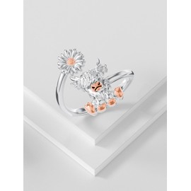 Dorunmo Highland Cow Ring for Women 925 Sterling Silver Adjustable Cute Highland Cow Open Rings with Daisy Cow Jewelry Gifts for Women