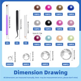 Glarks 4403pcs Rhinestone Gems and Flat Back Pearl Set, 2MM 3MM 4MM 5MM Clear-white Flat Back Gems Crystal Rhinestones, 3MM Flatback Pearl Half Pearl Half Round Flat Back Pearl with 3pcs Tools