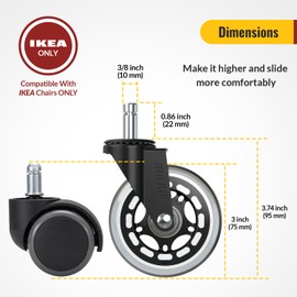 HOLKIE Office Chair Wheels 10x22mm Compatible with IKEA ONLY 3 Inch Roller Blade Casters, Computer Gaming Replacement Rubber Wheels-Set of 5 for Hardwood Floors Desk Chair Wheels
