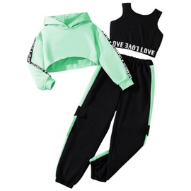 Hilinker Girls Graphic 3 Piece Outfits Workout Hoodie Crop Tank and Sweatpants Set Green Black LA 7-8 Year