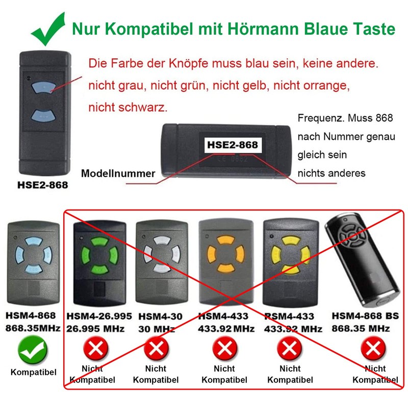 868MHz Garage Door Opener Duplicator Remote Control Compatible with Hörmann