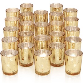 DARJEN Gold Tea Lights Candles Holders for Wedding Centerpieces, Votive Candle Holders for Party Home Wedding Shower Decorations, Table - Mercury Glass Votives, 24Pcs