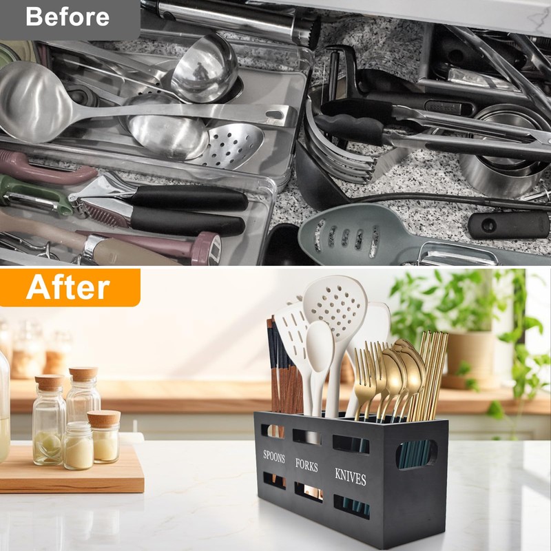 Yiomxhi Kitchen Utensil Holder for Worktop, Large 3 Compartments Cutlery
