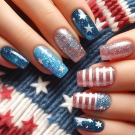 Independence Day Press on Nails Medium Square Fake Nails with Designs Stars Glue on Nails Rhinestone False Nails Stripes Acrylic Nails Reusable Artificial Nails for Women Girls 24Pcs