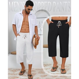 Neer 2 Pack Men's Linen Capri Pants, Lightweight Baggy 3/4 Shorts Drawstring Elastic Waist Beach Yoga Pants with Pockets(Black, White,Medium)