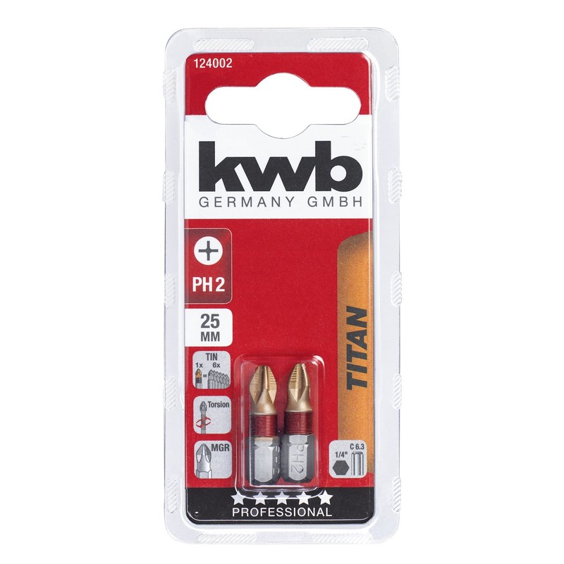 kwb 2 x 25mm PH2 Titanium Nitride Bits with Torsion
