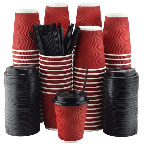 NYHI Red Disposable Paper Cups with Black Lids and Straws, 10oz, Set of 100
