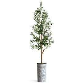 Artificial Tree in Contemporary Geometric Pattern Planter, Fake Olive Silk Tree for Indoor and Outdoor Home Decoration - 68" Overall Tall (Plant Pot Plus Tree)