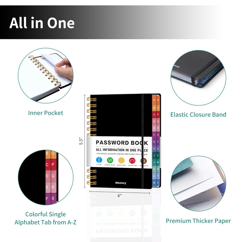 Spiral Password Book with Alphabetical Tabs – 4" X 5.5"