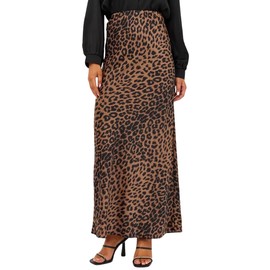 RSBFK Women's Leopard Skirt Midi Length High Waist Silk Satin Elasticized Cheetah Skirts Brown XL
