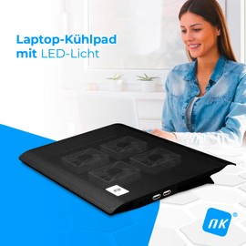 NK Laptopkoelpad Laptop Cooler Stand 12-17 Inch Laptop Fan with Stand, 4 Quiet Fans, 2 USB Ports, Fast Cooling, Blue LED Light, Colour Black