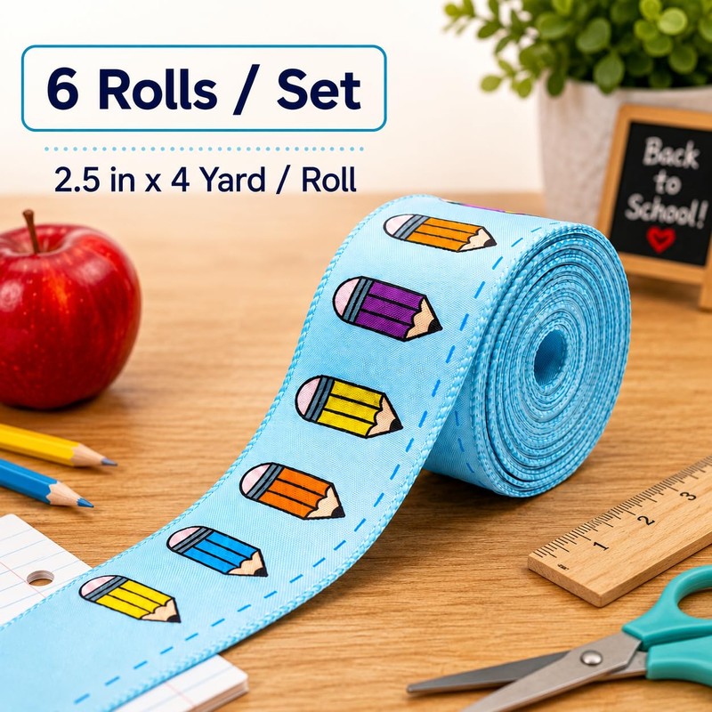 6 Rolls Back to School Wired Edge Ribbons, 24Yards x