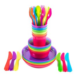 Cuddly Hippo Cuddly Hippo Kids Plastic Dinnerware Set of 36 Multi Color Pieces (Plates, Bowls, Cups and Flatware) - Reusable, BPA-Free, Dishwasher Safe and Microwaveable