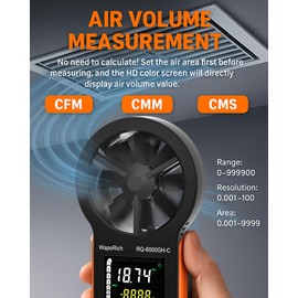 CFM Meter HVAC Anemometer Handheld, WapoRich Digital Wind Speed Meter Air Flow Gauge Measures 0~999900CFM/CMS/CMM, Temp, Air Speed with MAX/MIN for Vents Drone Sailing - RQ-6000GH-C