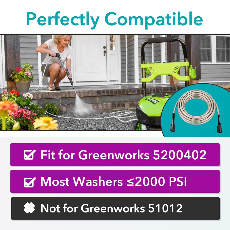 30FT Pressure Washer Hose Compatible with Greenworks Model 5200402