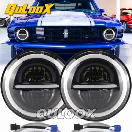 QULOOX 7" INCH ROUND LED Headlights Hi-Lo For Ford Mustang Maverick 1970-1977