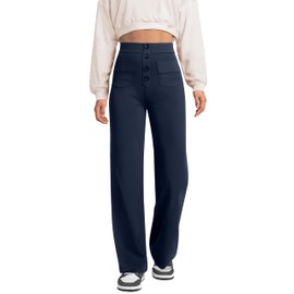 keriffe Women's Straight Leg Pants High Waisted Button Stretchy Business Work Casual Trousers Multiple Pockets Navy Blue