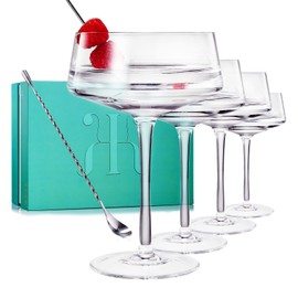 Martini & Champagne Coupe Glasses Set of 4 with Silver Spoon | 10oz | Crystal Luxury, Premium Hand-Blown | Classic Cocktail & Glass Coupes For Manhattan, Cosmopolitan, Sidecar, Speakeasy Goblets