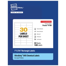 Avery UltraDuty GHS Labels, Waterproof, 1 X 2-5/8 Inch Rectangle Printable Labels, Pack of 1500 White Labels for Use with Laser Printers