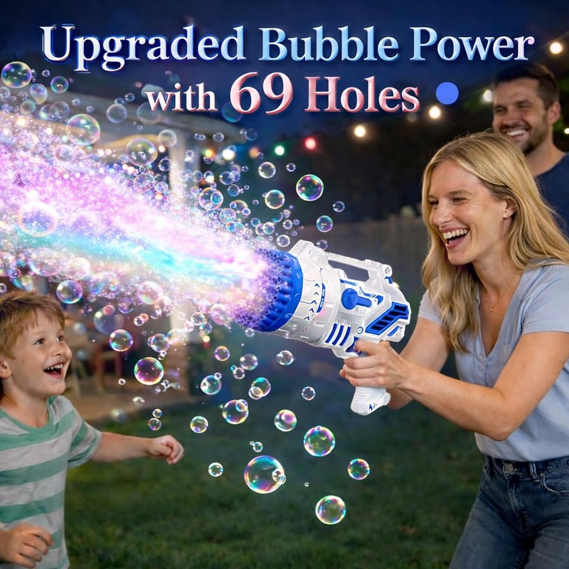 Bubble Gun for Kids, 69-Hole Bubble Blaster with LED Lights,