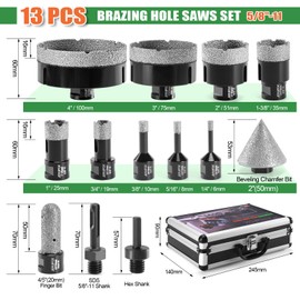 Diamond Hole Saw Kit Tile Drill Bits, 13 PCS Diamond Core Drill Bits Set 6/8/10/19/25/35/51/75/100mm+50mm Chamfer Saw +20mm Finger Bit+SDS Adapter Porcelain Hollow Drill Hole Saw for Ceramic, Granite